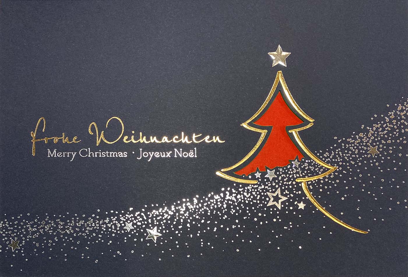 Blaue Weihnachtskarte mit internationalen Weihnachtsgrüßen und rotem Einlegeblatt
