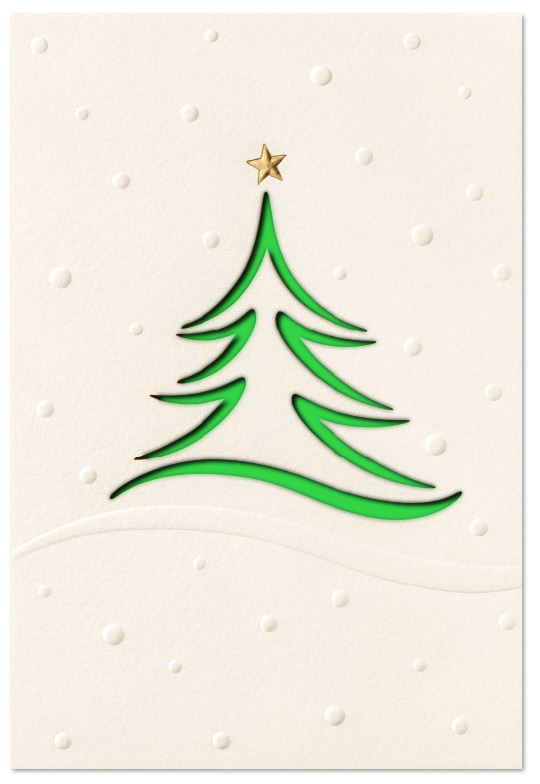Edle Laser-Weihnachtskarte in weiß mit Blind- und Goldfolienprägung sowie gelastertem Baum, Einleger hellgrün