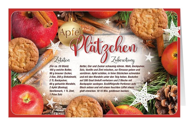 Rezeptkarte "Weihnachtsbäckerei" mit Zutaten und Zubereitung für leckere Apfel-Plätzchen