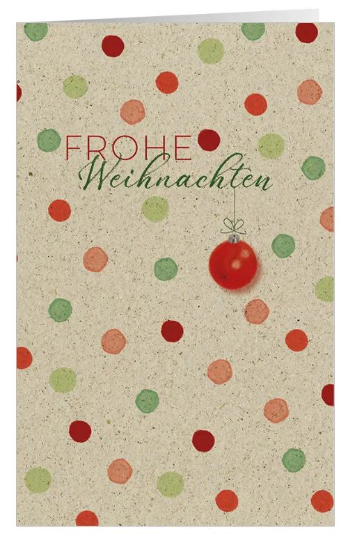 Naturbraune Weihnachtskarte aus Graspapierkarton "Konfetti" mit bunten Punkten, Gruß und roter Weihnachtskugel