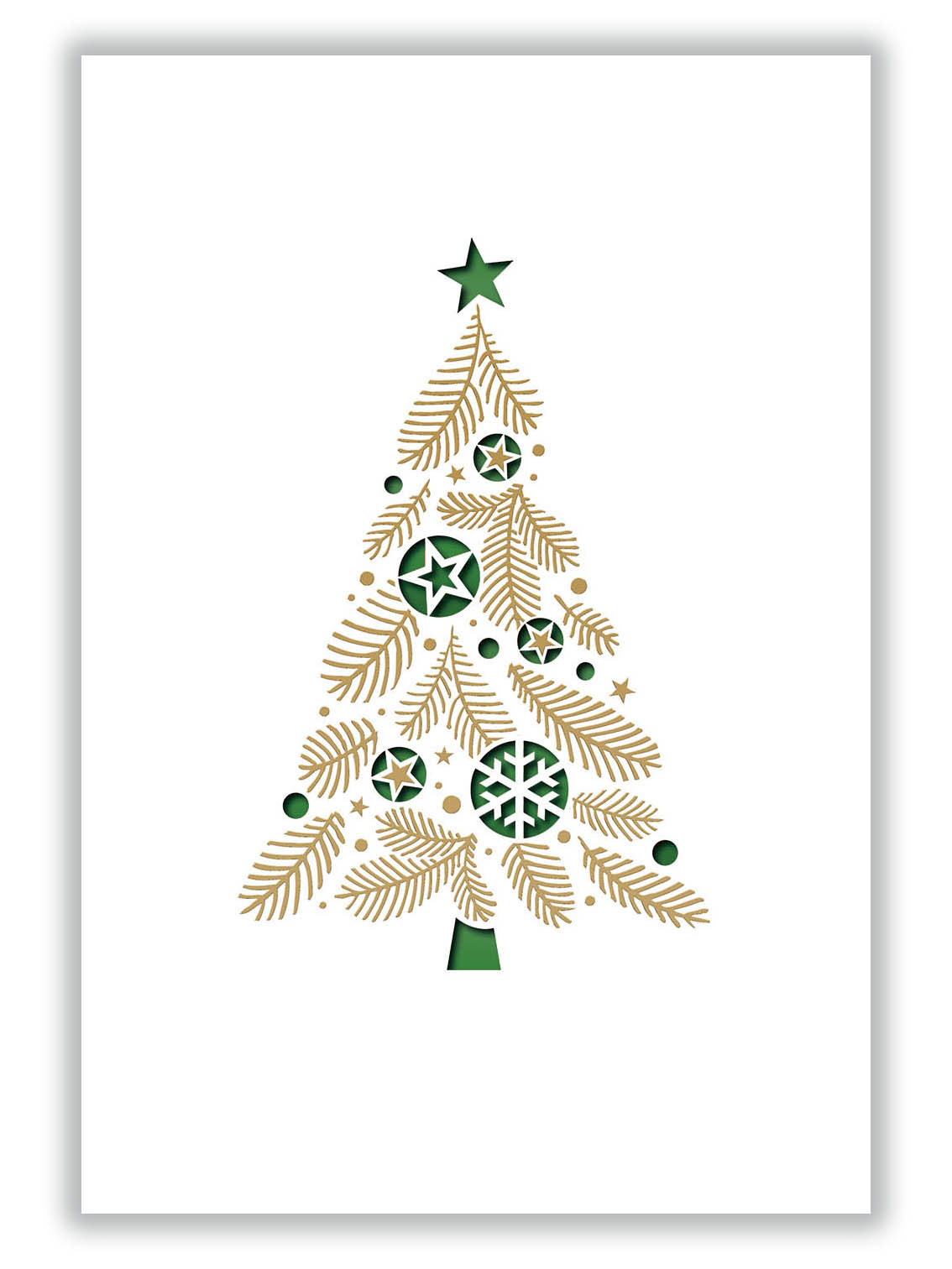 Weiße Weihnachtskarte im Hochformat, mit Stanzung von Baumkugeln, Goldfolienprägung und dunkelgruenem Falteinleger