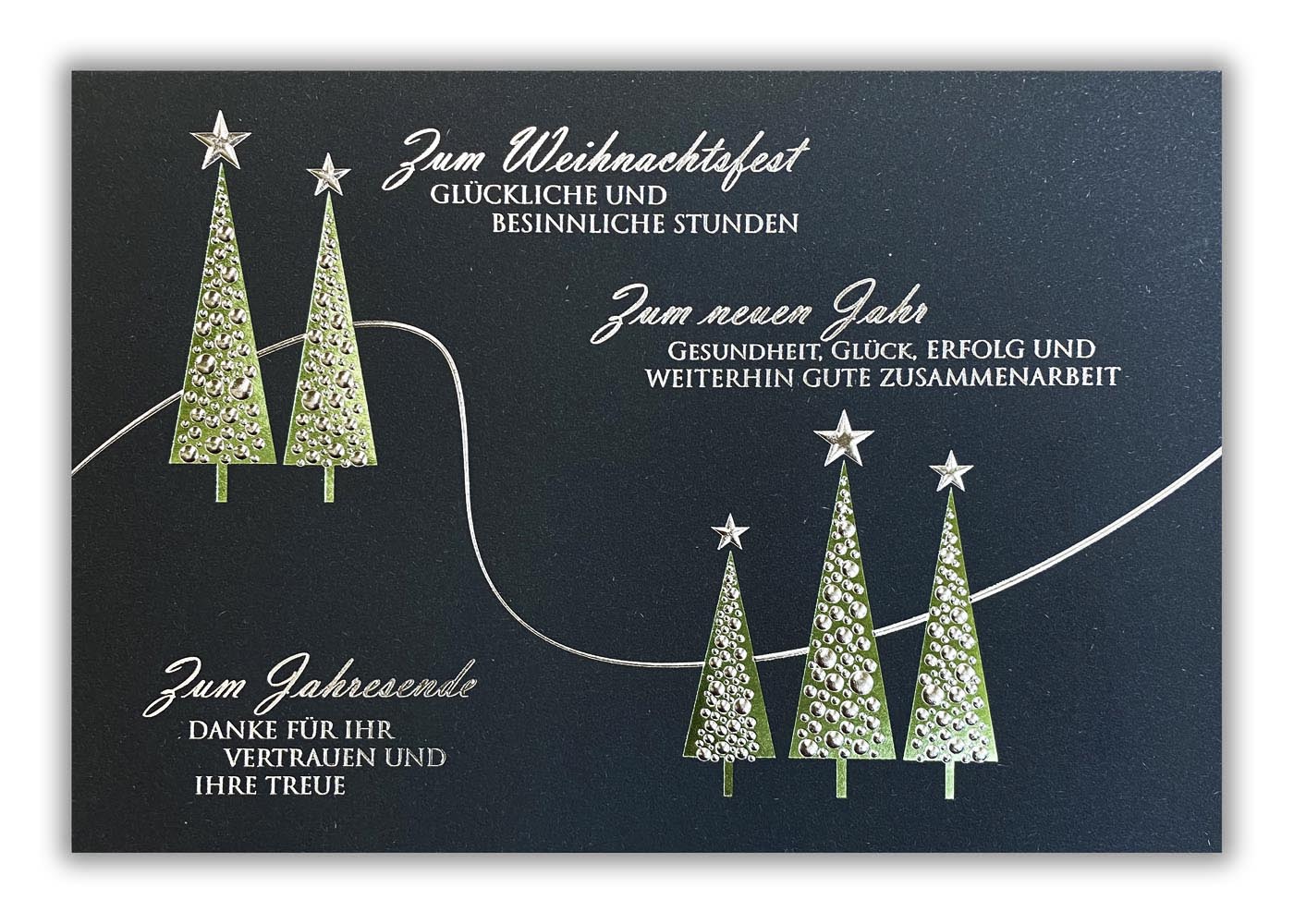 Graue Weihnachtskarte mit geschäftlichem Text und edler Folienprägung