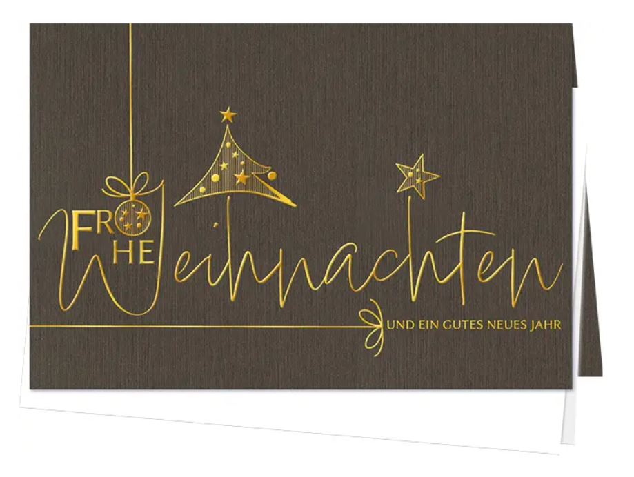 Dunkelbraune Weihnachtskarte im eleganten Design mit Goldfolienprägung und weißem Falteinlegeblatt innen