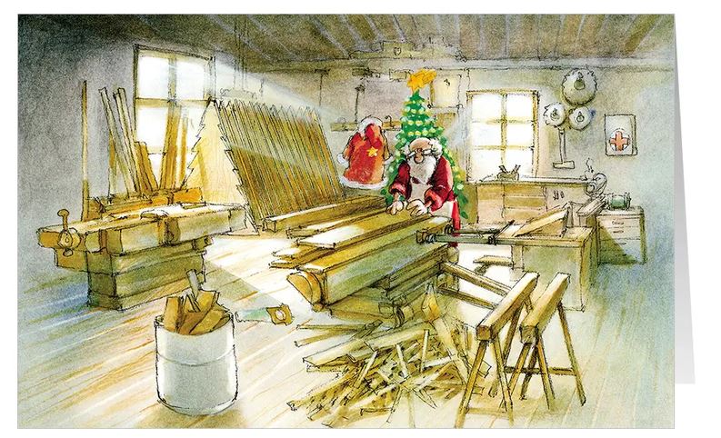 Originelle Branchenkarte für das Holzhandwerk mit dem Weihnachtsmann in der Tischlerei oder Schreinerei