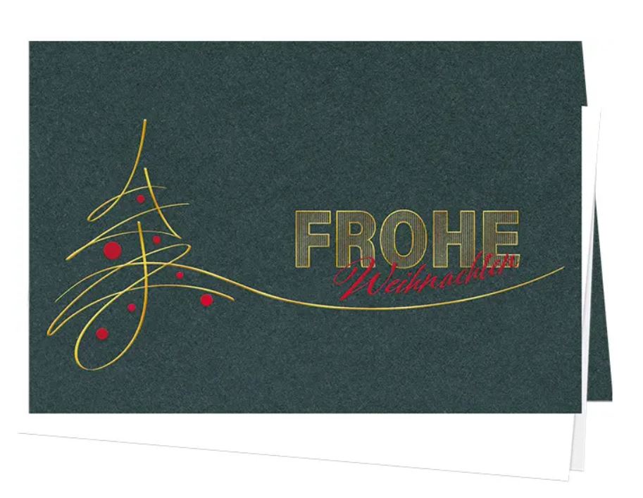 Edle Weihnachtskarte in dunkelgrün "Christmas Swing" mit Weihnachtsgruß und roten Kugeln am goldenen Baum