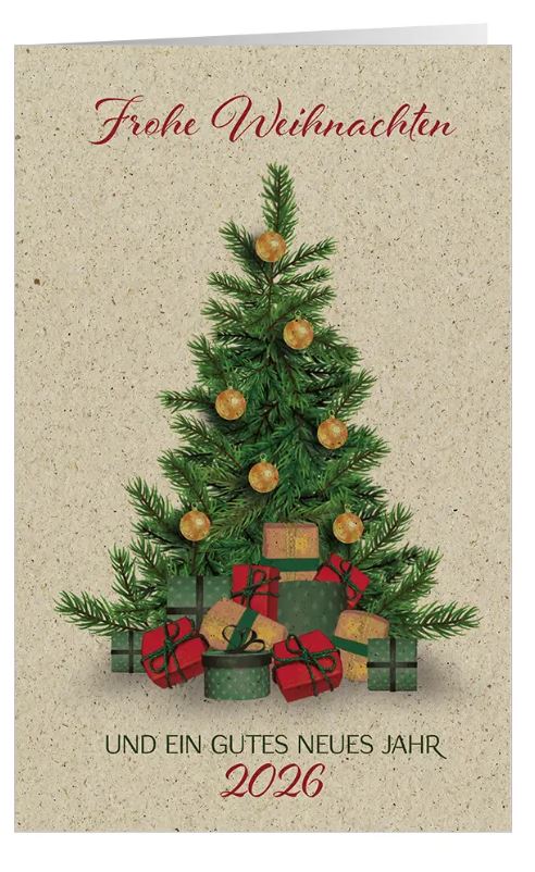 Graspapier-Weihnachtskarte "Geschenke unter dem Baum" mit Weihnachts- und Neujahrsgruß sowie Jahreszahl 2026