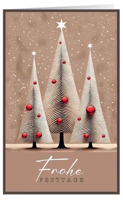 Braune Weihnachtskarte "Fantasievolle Bäume" mit Weihnachtsgruß und roten Kugeln an Tannenbäumen