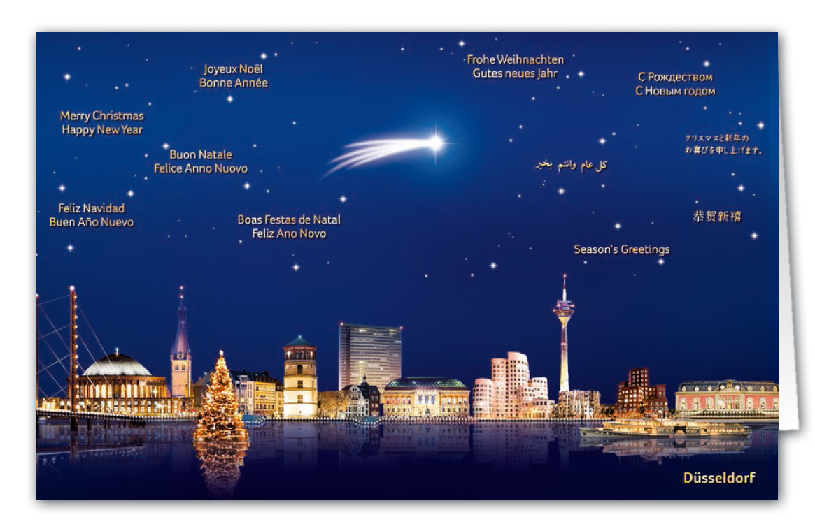 Weihnachtskarte als Städtekarte mit Skyline von Düsseldorf und internationalen Grüßen