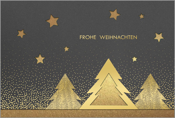 Weihnachtskarte in grau mit goldener Prägung, Stanzung von Tannen und Sternen, Einleger gold