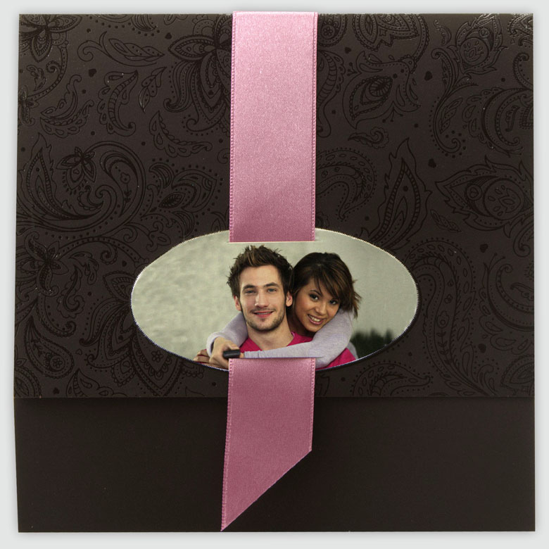Einladungskarte braun mit orientalischem Ornament & altrosa Band