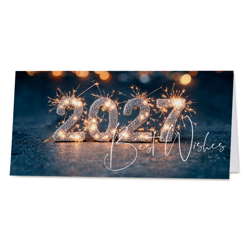Neujahrskarte "Strahlender Neubeginn" im DIN lang Format mit Jahreszahl 2027 und BEST WISHES