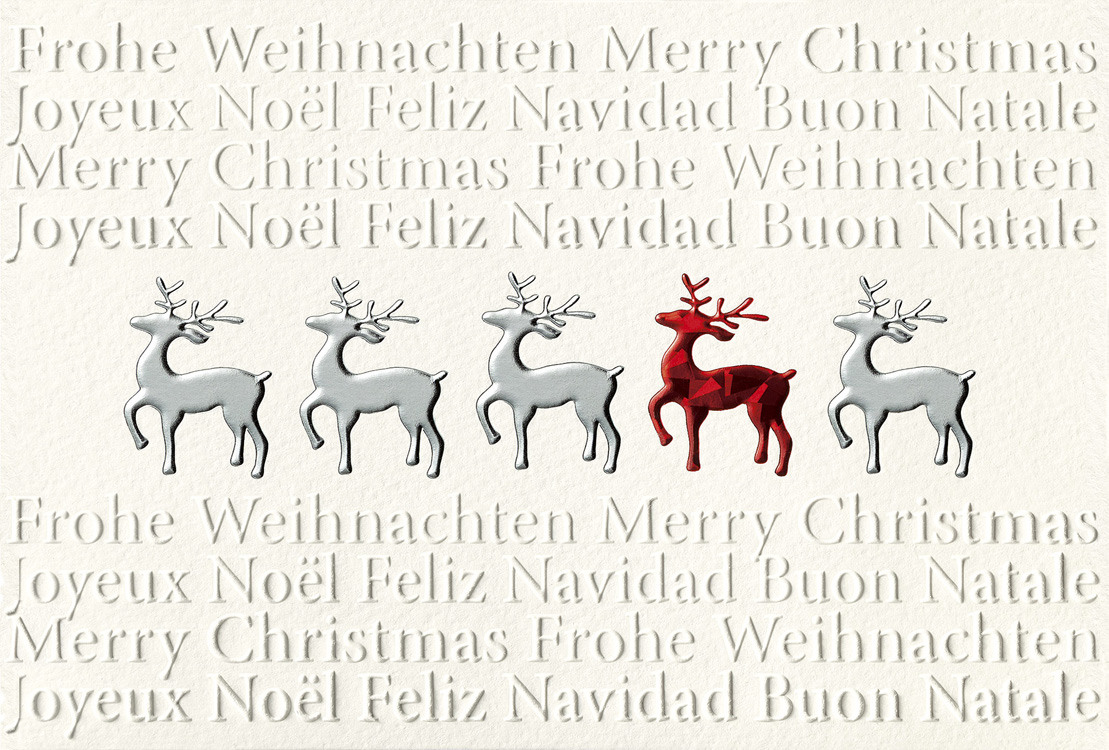 Weihnachtskarte creme silber rot mit Rentieren und Relieftext