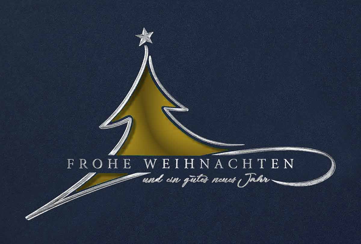 Stanz-Weihnachtskarte in blau mit goldenem Einleger und edler Silberfolienprägung