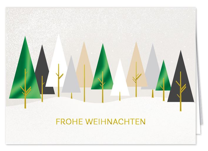 Edle Weihnachts-Spendenkarte zugunsten der Kinder-Krebs-Stiftung mit Tannenwald und "Frohe Weihnachten"