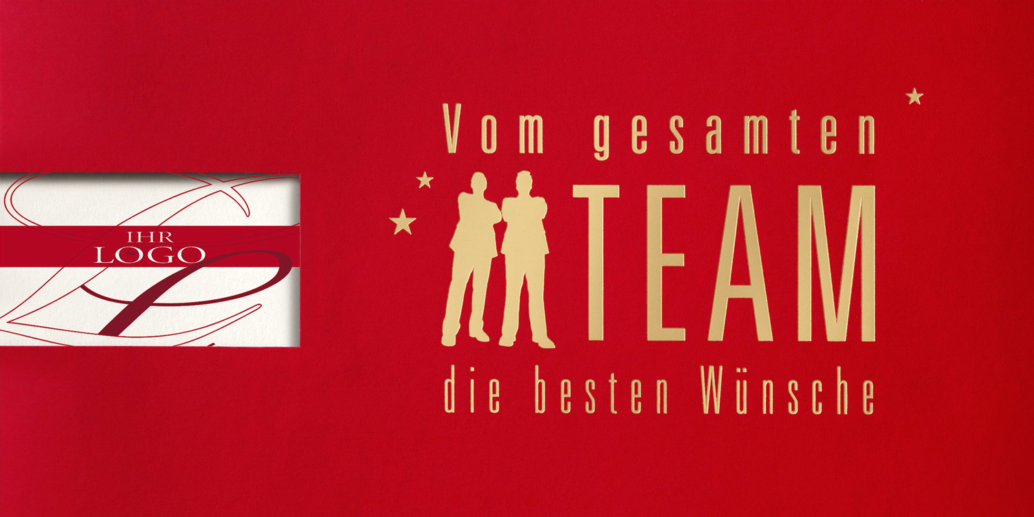 Festtagskarte rot mit Fensterstanzung Logokarte Teamkarte