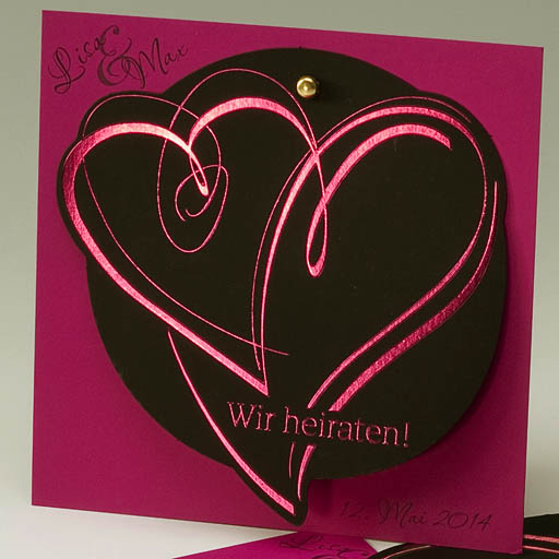 Hochzeitskarte ba722019 pink schwarz Herz Reliefprägung