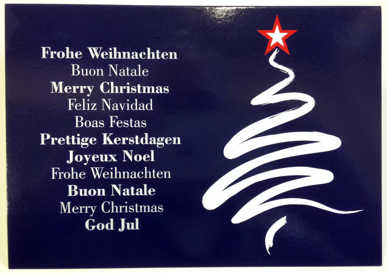 Weihnachtskarte blau, international mit Weihnachtsbaum und Stern