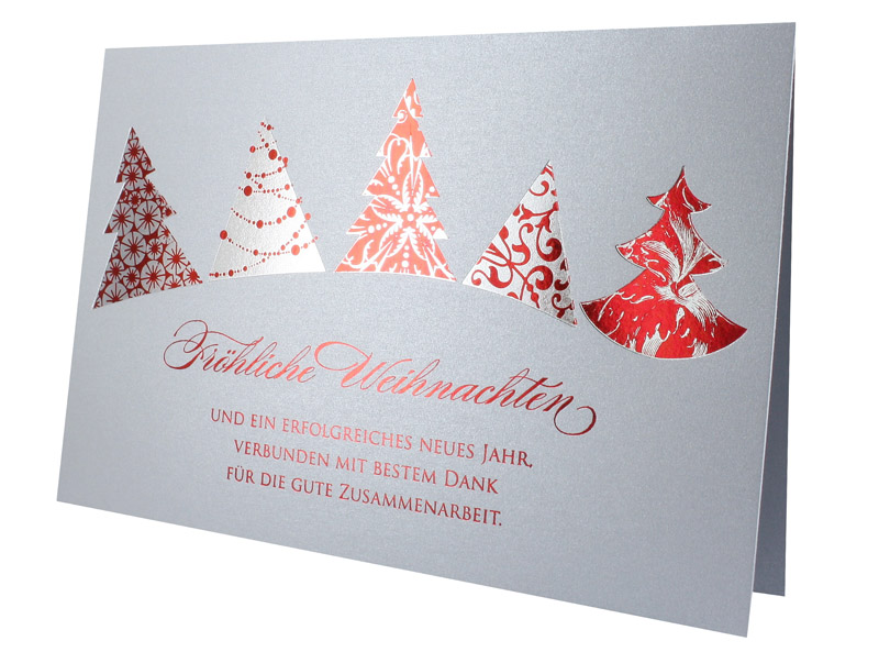 Spendenkarte silber-grau mit roten Weihnachtsbäumen mit Zweck: Deutscher Kinderschutzbund