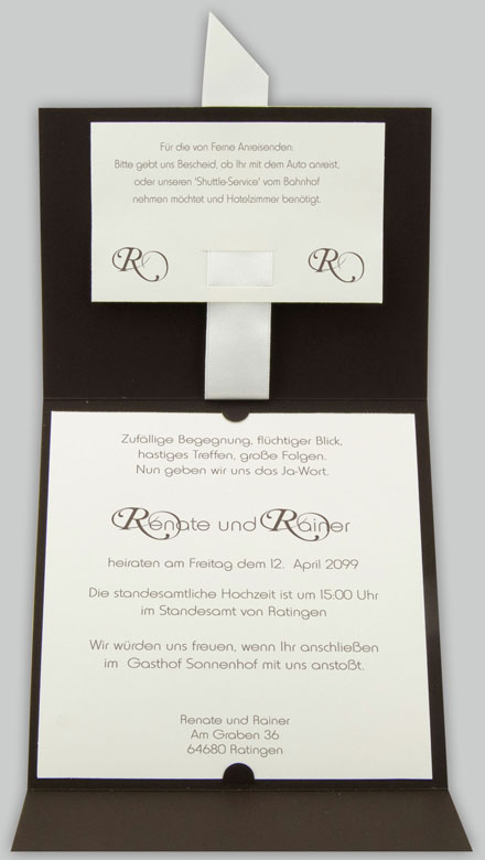 Einladungskarte braun mit orientalischem Ornament u. weißem Band