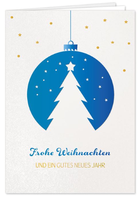 Weiße Weihnachtskarte mit Baum in einer Baumkugel und weihnachtlichen Grüßen, inkl. Einleger weiß