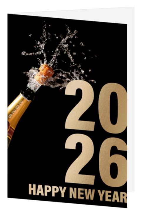 Neujahrskarte "Glamour" mit Spendenzweck zugunsten WAR CHILD, Jahreszahl 2026 und Happy New Year