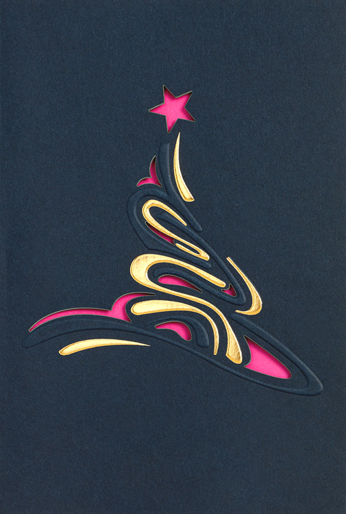Weihnachtskarte nachtblau mit abstraktem Weihnachtsbaum magenta