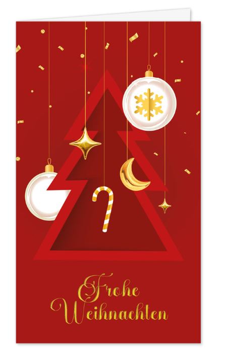 Edle Grußkarte im praktischen Kleinformat, tiefrot mit moderner Tannenbaum-Silhouette und hängenden Kugeln