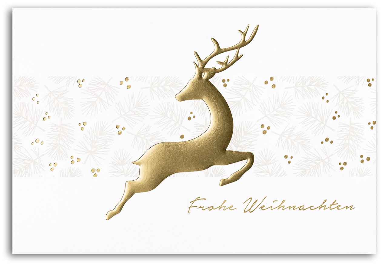 Weiße Weihnachtskarte mit goldenem, springenden Hirsch und "Frohe Weihnachten"