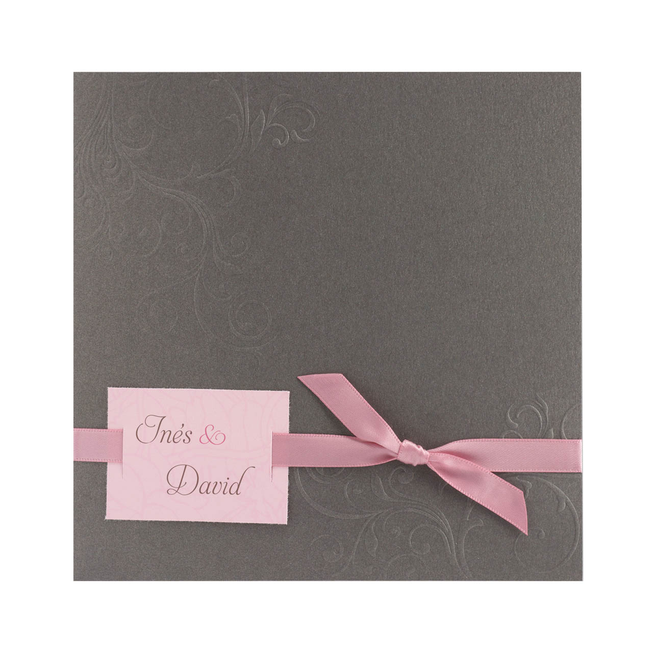 Einladungskarte taupe / rosa mit Ornament-Prägung Metallic-Karton