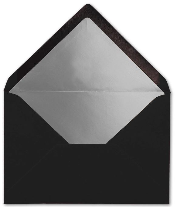 Briefumschlag DIN C6, 16,2 x 11,4 cm, nassklebend, 120g, schwarz mit silbernem Innenfutter