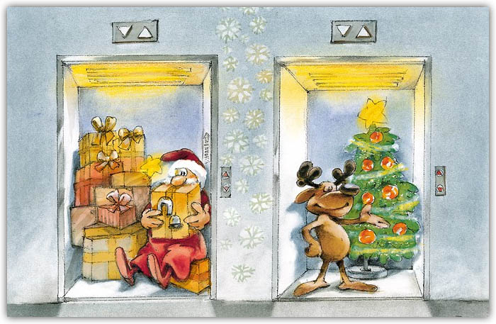 Farbenfrohe Weihnachtsbranchenkarte für Aufzugsdienstleister mit Weihnachtsmann und Geschenken