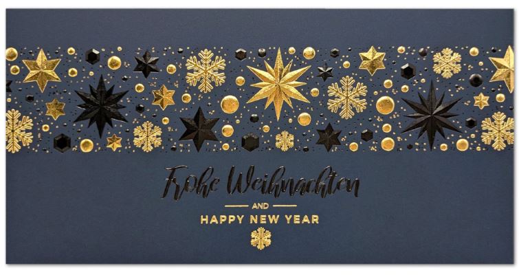 Exklusive Weihnachtsgrußkarte "Glamour" in blau mit Gold- und Schwarzfolienprägung, DIN lang 