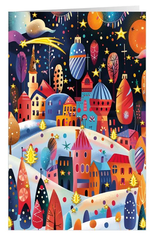 Design-Weihnachtskarte "Winterwunderland" mit fantasievoller, bunter Gestaltung von leuchtenden Häusern auf sanften Hügen