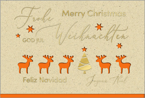 Weihnachtliche Grußkarte mit gestanzten Rentieren und internationalen Grüßen, Einleger orange