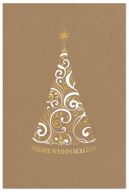Naturbraune Festtagskarte "Weihnachtsfreude" aus Kraftpapierkarton mit ornamentverziertem Baum und Weihnachtsgruß