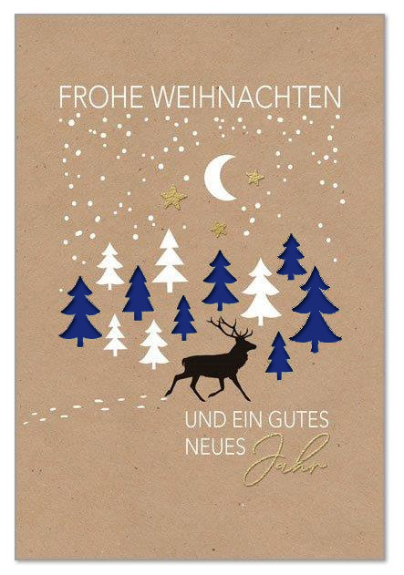 Weihnachtskarte in Kraftpapier-Optik mit Formstanzung Tannenbäume, Goldfoliendruck und Einleger in Dunkelblau