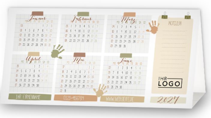 Jahreskalender zum Aufstellen "Hand in Hand" mit Logoeindruck und Spende War Child.