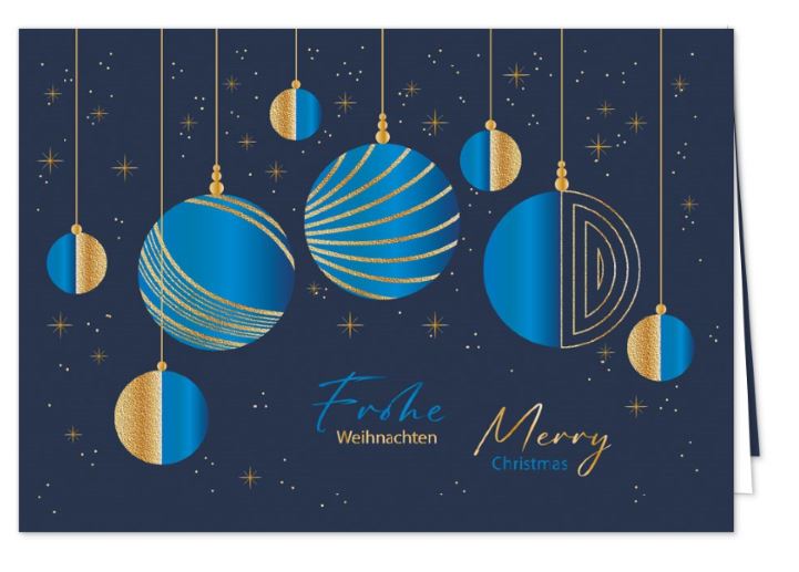 Deutsch-Englischsprachige Weihnachtskarte in blau mit hängenden Kugeln im modernen Design, inkl. Einleger