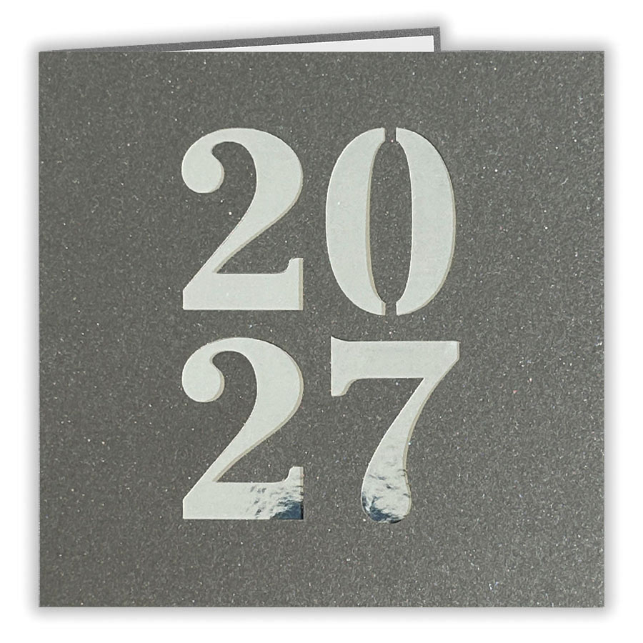 Graue Metallic-Neujahrskarte mit Laserstanzung 2027 und silberfarbenem Einlegeblatt