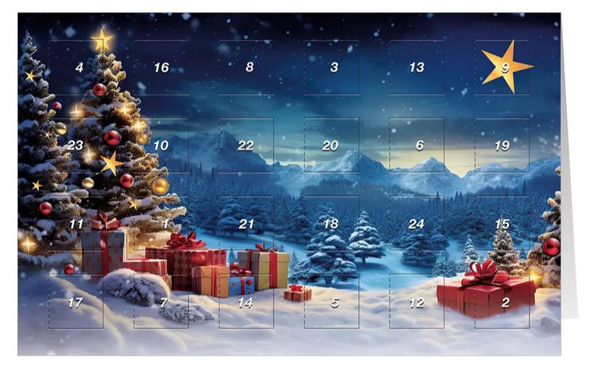 Adventskalenderkarte "Weihnachten in den Bergen" mit Geschenken und dem Weihnachtsbaum und 24 Fenster zum Öffnen