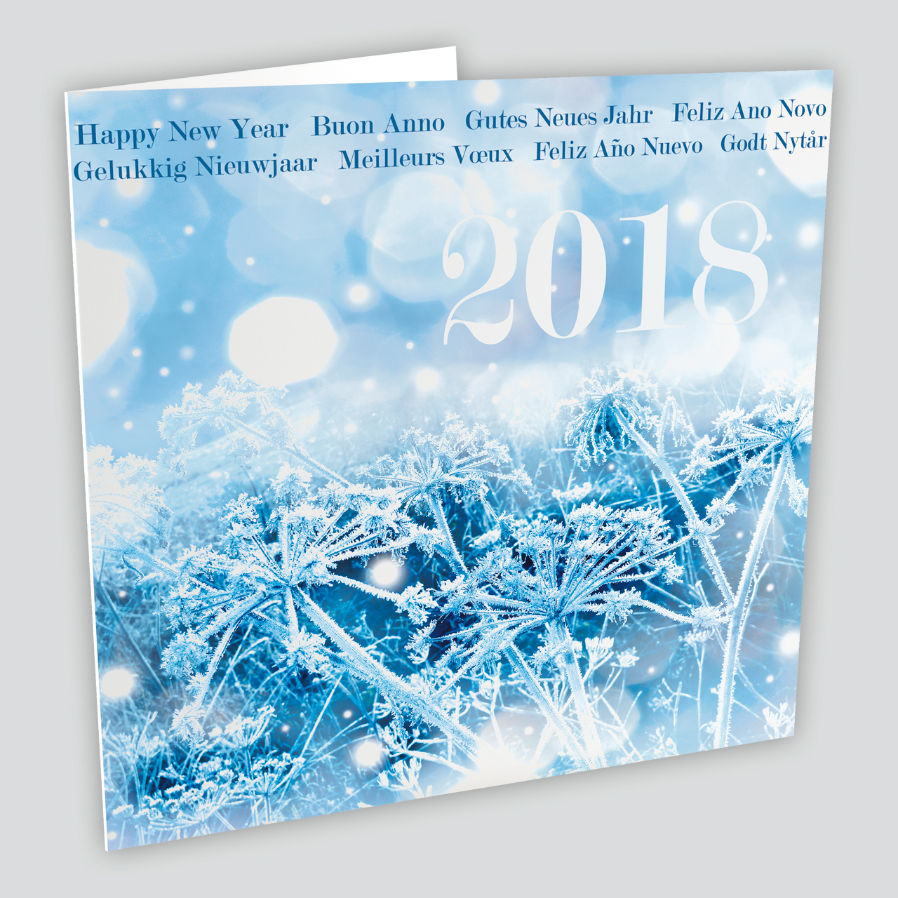 Neujahrskarte quadratisch winterlicher Farbdruck und Jahreszahl 2018