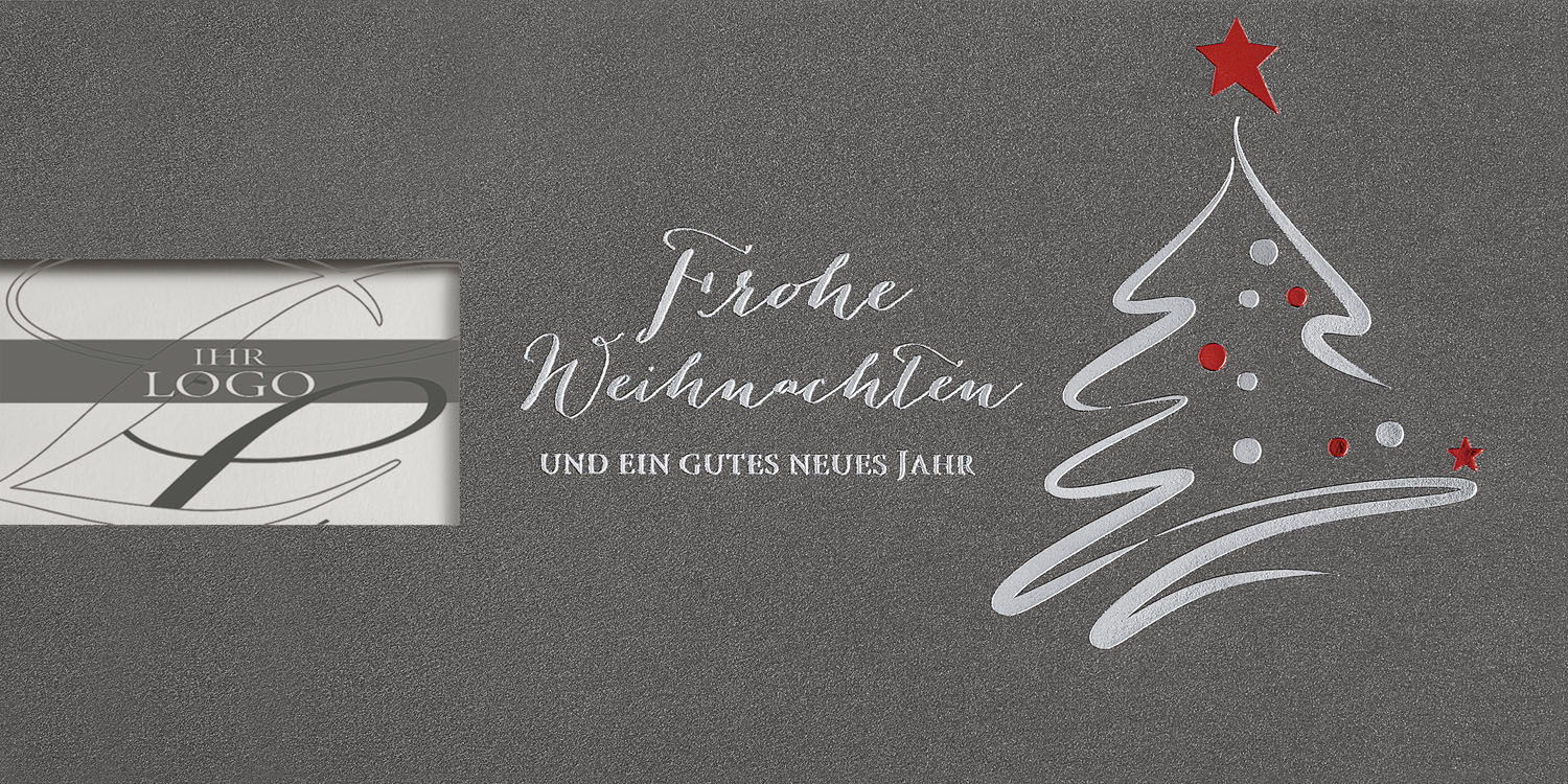Weihnachtskarte anthrazit metallic mit Weihnachtsbaum und Logoausschnitt