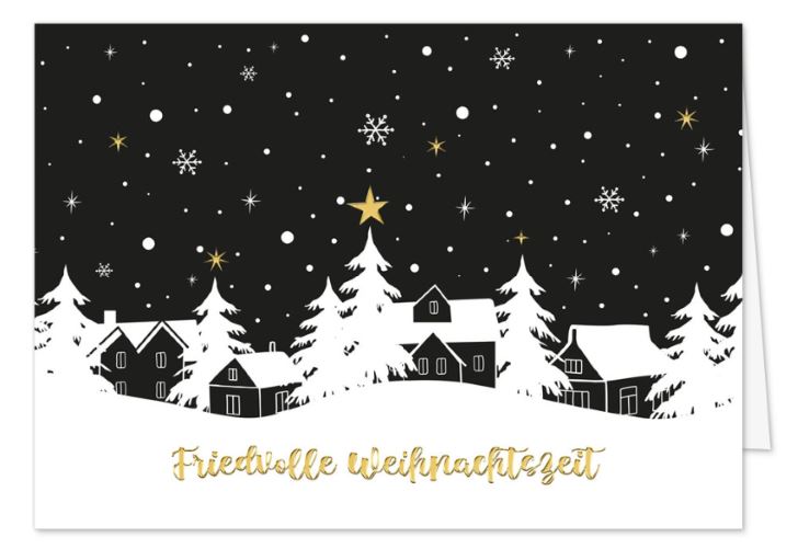 Stimmungsvolle Weihnachtskarte „Dorf in Winternacht“ in Dunkelblau und Weiß mit schneebedeckter Kulisse und Goldprägung