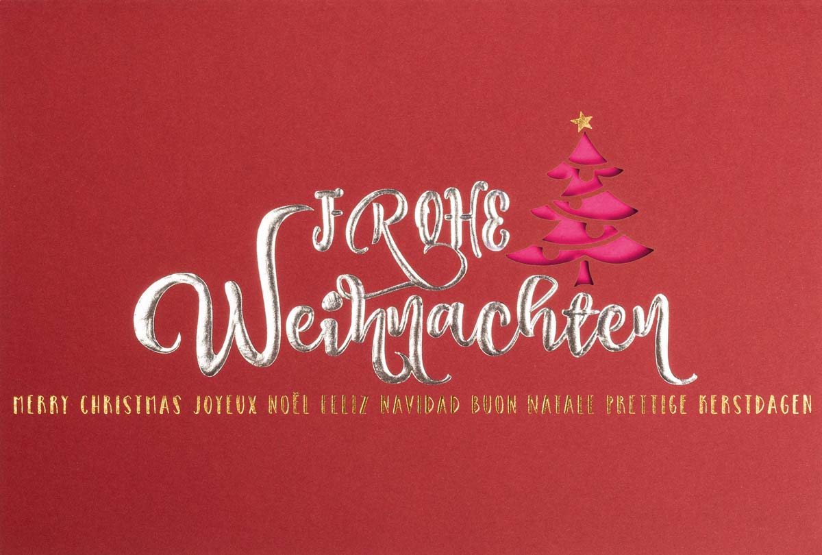 Rote Laserstanzkarte mit internationalen Grüßen und Weihnachtsbaum, Einleger: pink