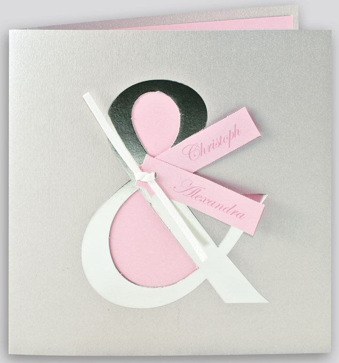 Hochzeitskarte grau metallic rosa mit silbernem Folien &-Zeichen