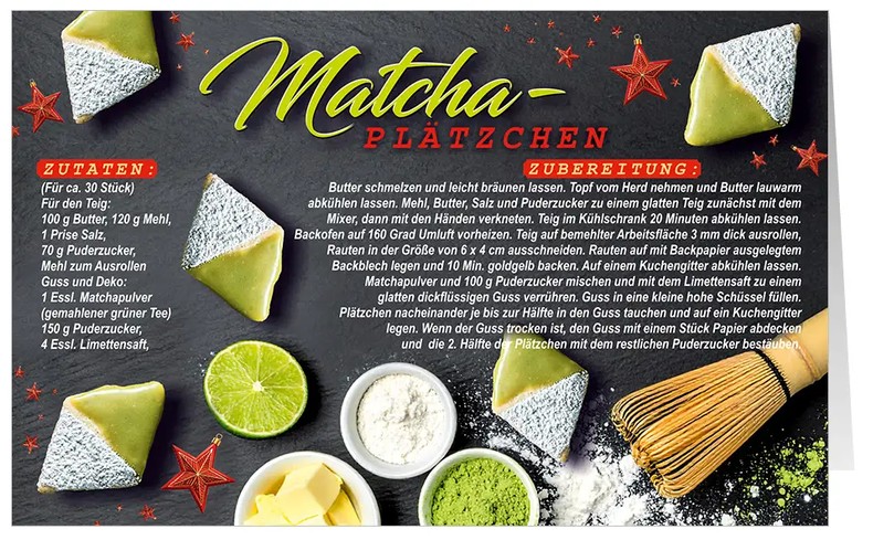 Rezept-Weihnachtskarte "Matcha Moment" mit Zutatenliste und Zubereitung für leckere Matcha-Plätzchen