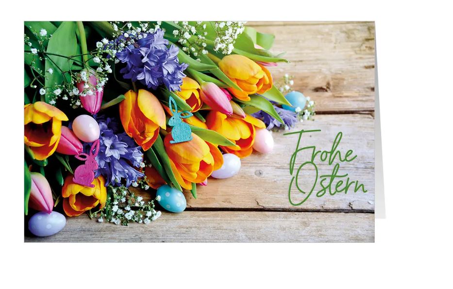 Bunte Ostergrußkarte "Osterfreude" mit Tulpen und Hyazinthen als bunten Strauß