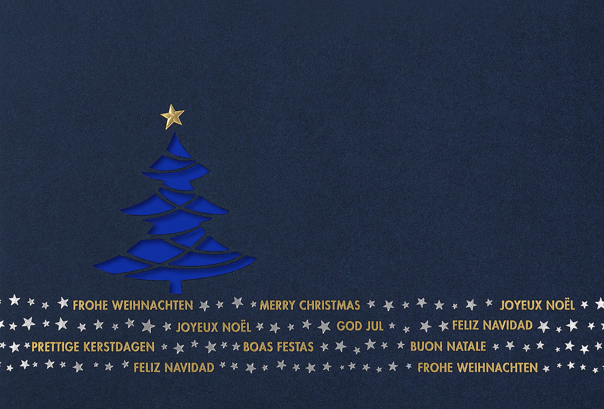 Dunkelblaue Weihnachtskarte mit internationalen Weihnachtsgrüßen und blauem Einleger