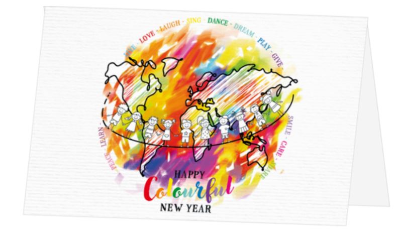 Bunte Spenden-Neujahrskarte für Kinderherzen e.V. mit Weltkugel und fröhlichen Kindern