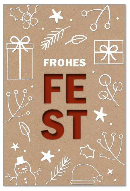 Gestanzter Festgruß mit weiß geprägten Winter-Doodles und Spende zugunsten dem Deutschen Kinderhilfswerk e.V., Einleger dunkelrot